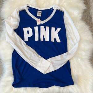PINK Victoria’s Secret Blue White Lightweight Jersey Long Sleeve Shirt L…